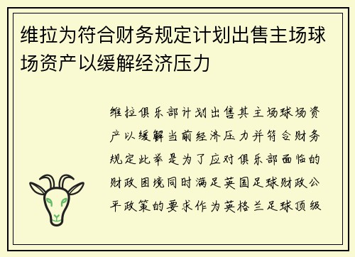 维拉为符合财务规定计划出售主场球场资产以缓解经济压力 维拉为符合财务规定计划出售主场球场资产以缓解经济压力